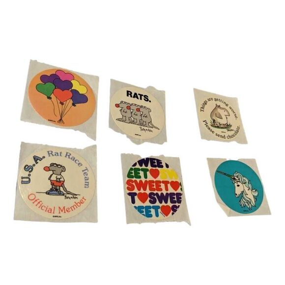 Lot of 6 Vintage 80s RPP Inc Stickers Unicorn Rat Hearts Balloons Chocolate - Picture 1 of 7